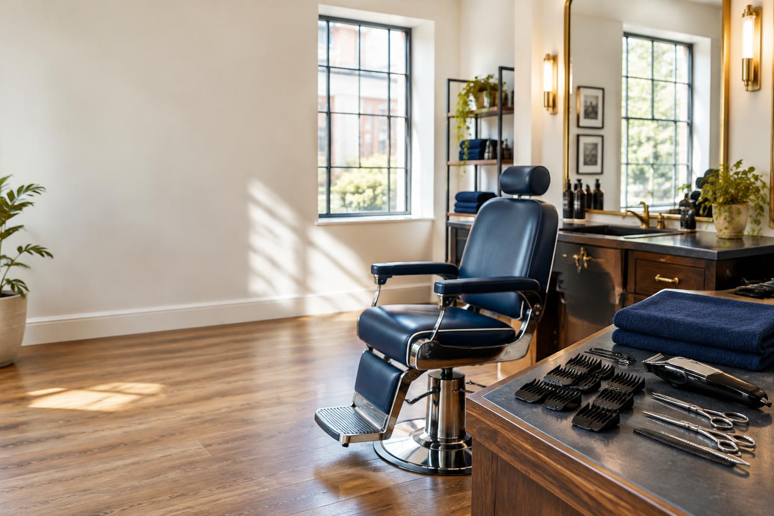 Illustrative barbering workspace with clippers, combs and a professional barber chair