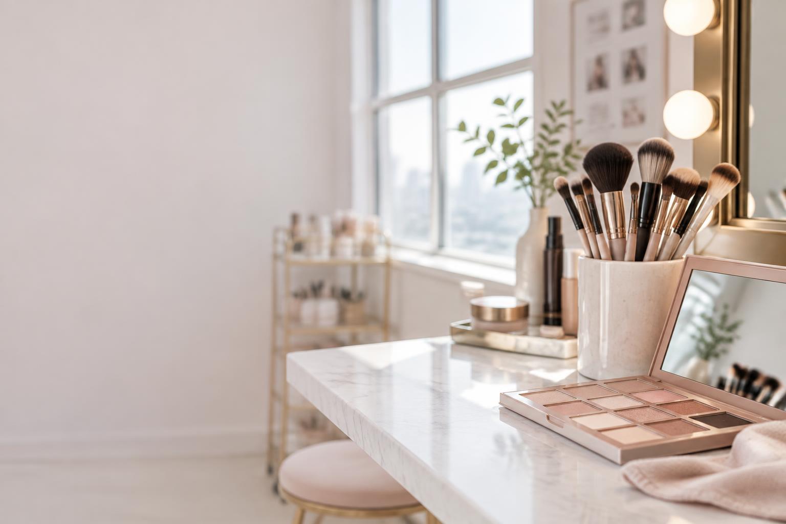 Illustrative makeup workstation with brushes, a color palette and a studio mirror