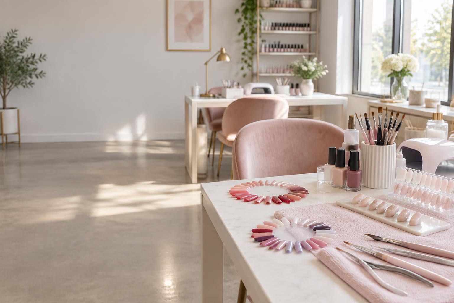 Illustrative nail training workstation with practice tips, polish swatches and manicure tools