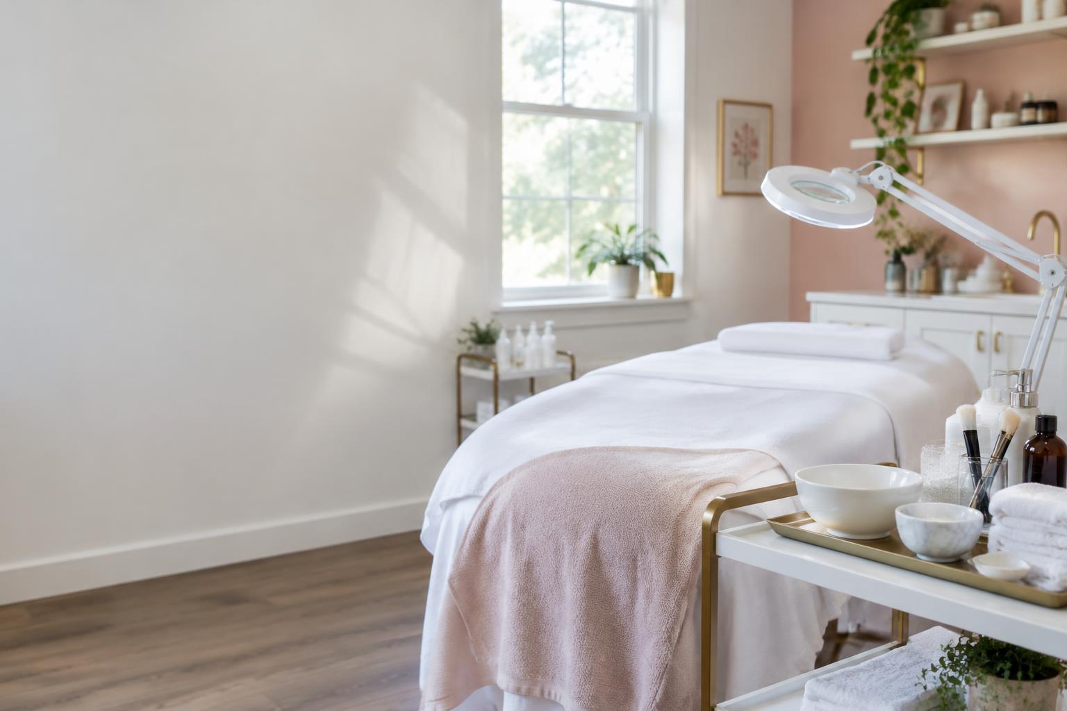 Illustrative esthetics workspace with a treatment bed, magnifying lamp and skincare tools
